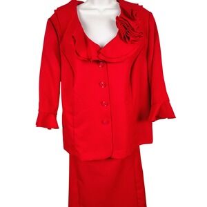Womens 20W T. Milano 2-Piece Skirt Suit Red Ruffle Rosette Coquette Professional